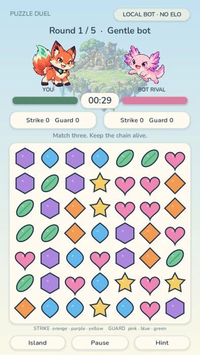 Real puzzle battle screenshot with fox and axolotl rivals above a seven-by-seven shape board