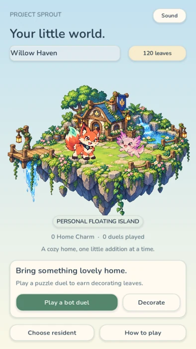Real prototype home screen with a floating island, two residents, and decoration controls