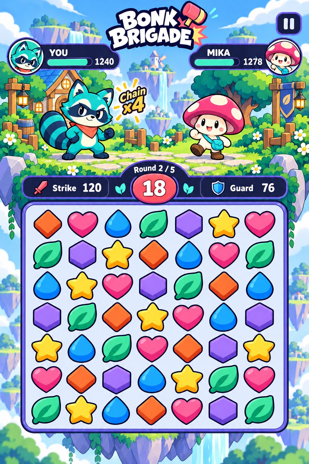 Midnight Pop ranked-battle interface concept with a seven-by-seven puzzle board