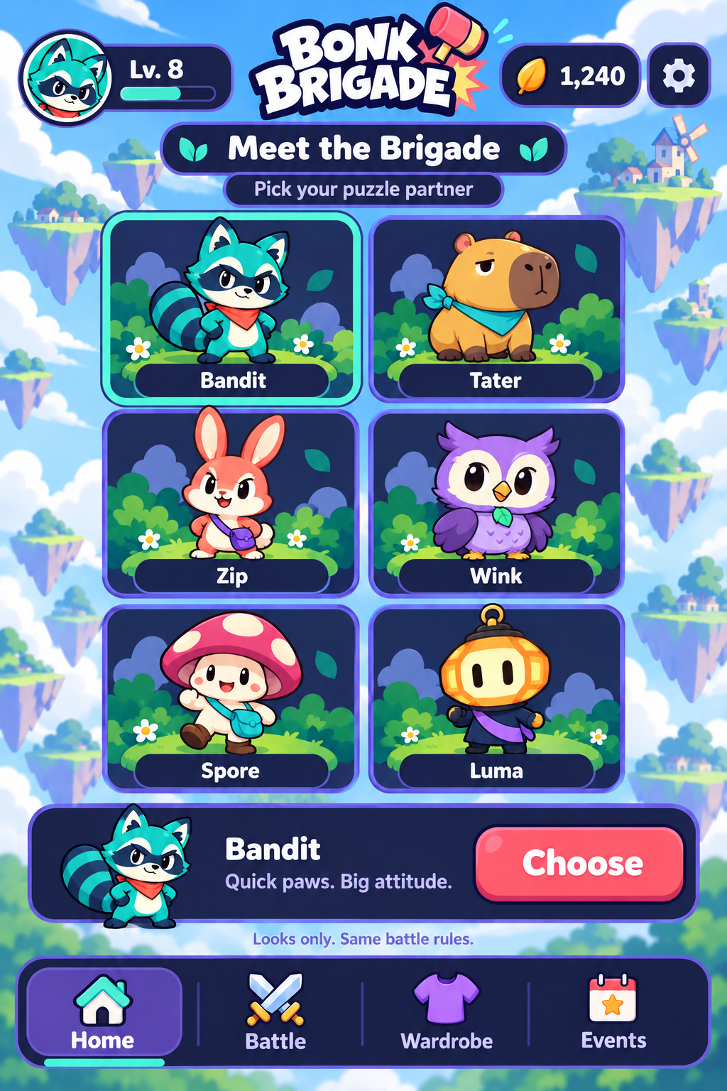 Meet the Brigade in Bonk Brigade's selected Midnight Pop interface style