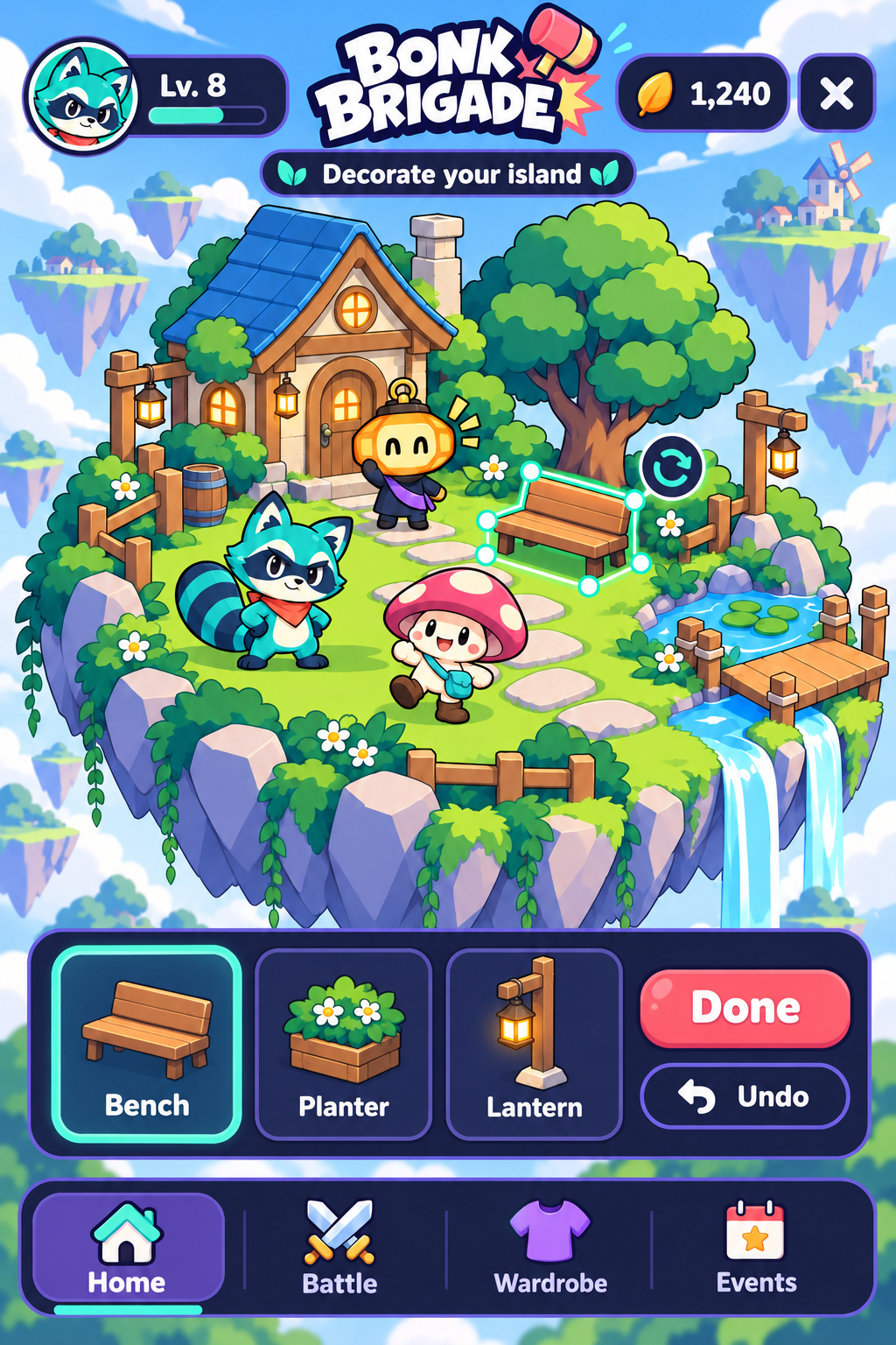 Island decorating in Bonk Brigade's selected Midnight Pop interface style
