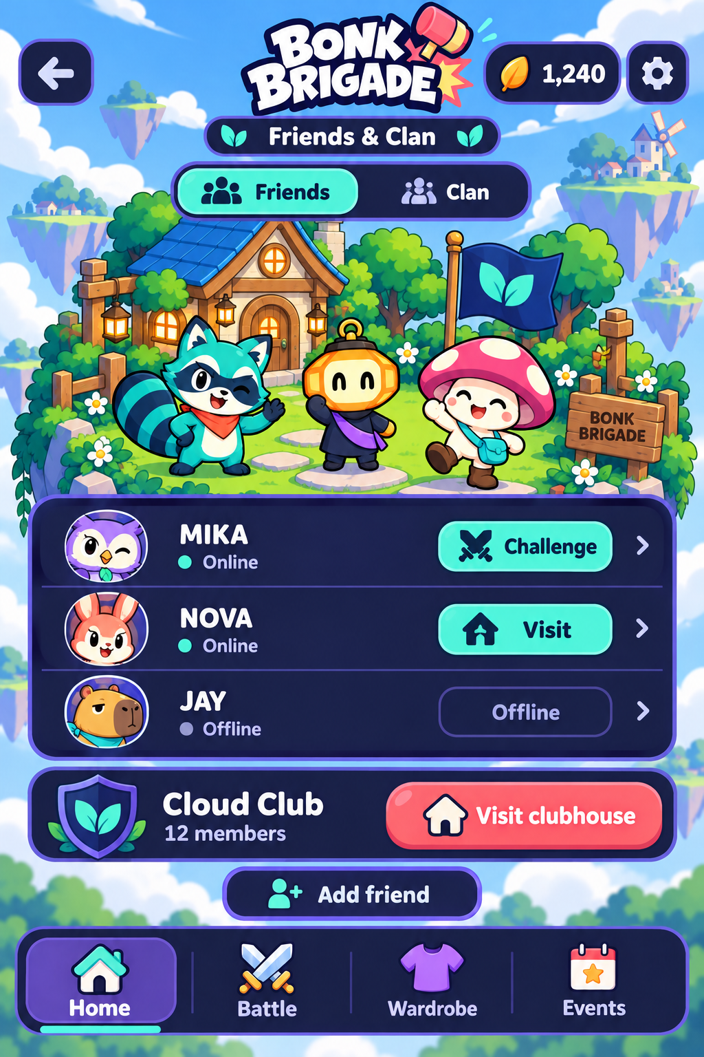 Friends and clan in Bonk Brigade's selected Midnight Pop interface style