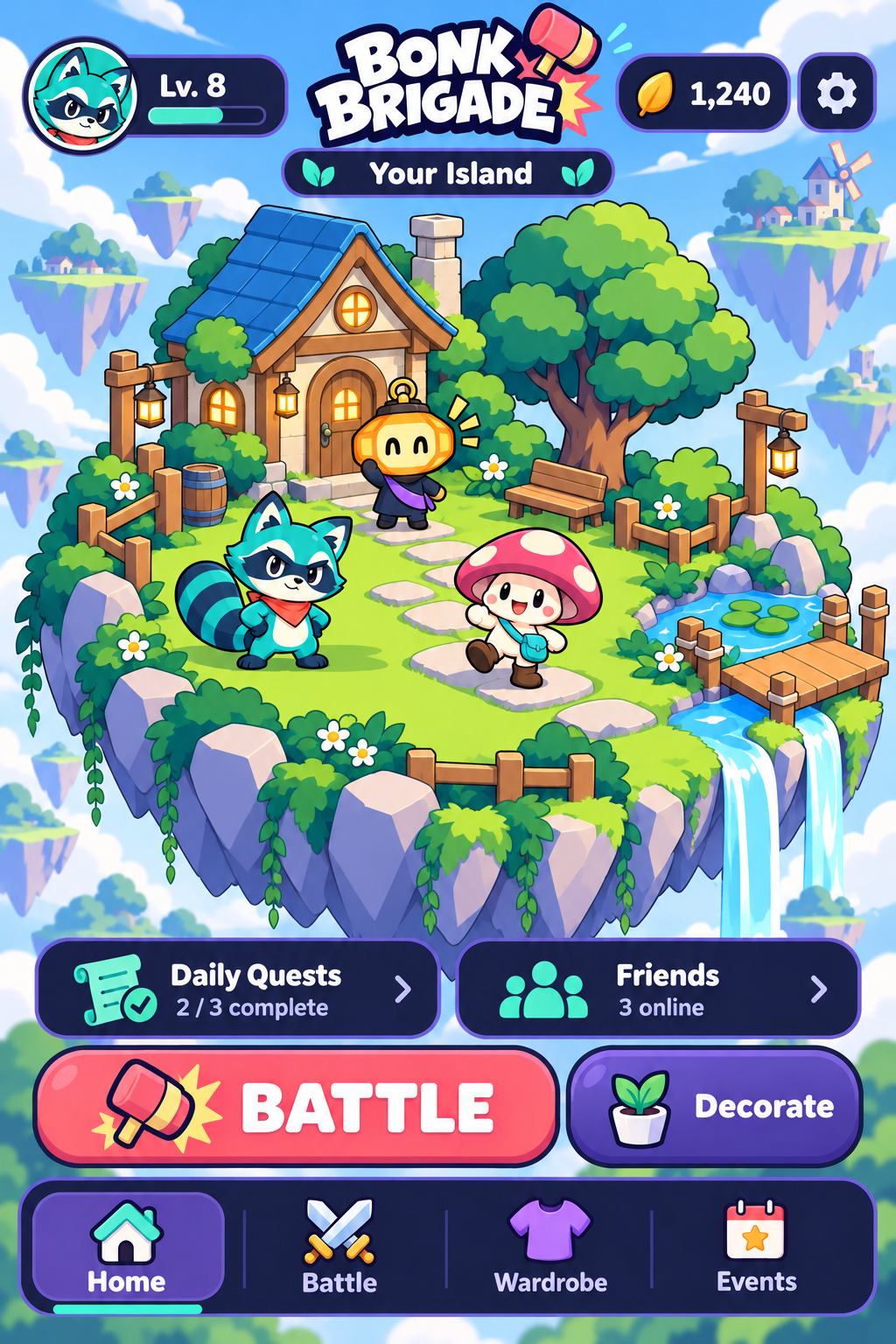 Approved Midnight Pop home interface with Bandit, Spore and Luma on a floating island