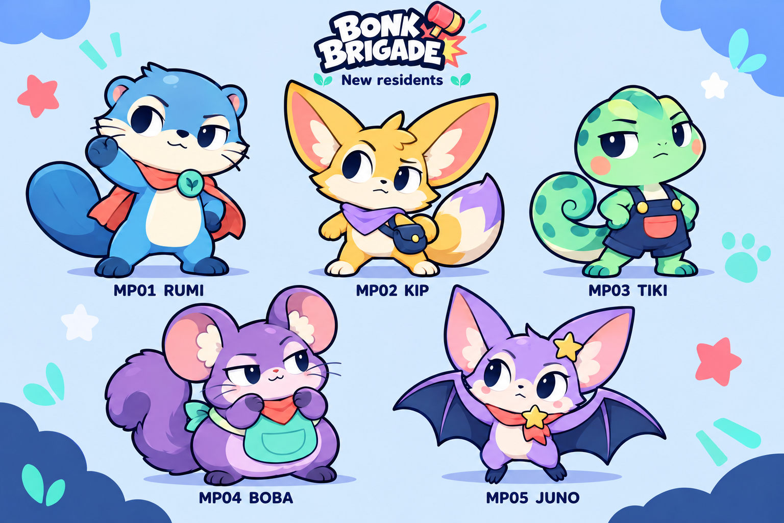 Rumi the blue otter, Kip the fennec, Tiki the gecko, Boba the chinchilla and Juno the bat