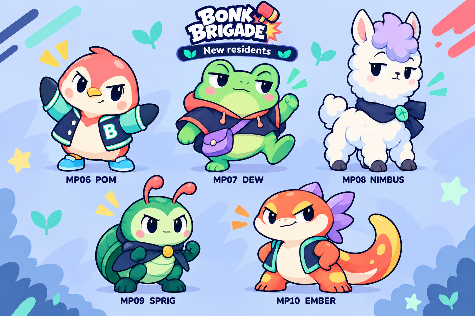 Pom the penguin, Dew the frog, Nimbus the alpaca, Sprig the beetle and Ember the salamander